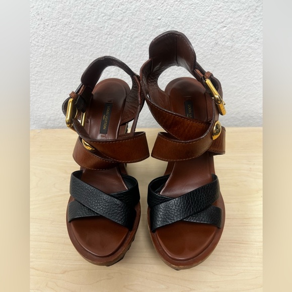 Louis Vuitton Two Tone Leather Wedge Sandals - Picture 2 of 10